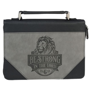 Be Strong in the Lord Black and Gray Lion Faux Leather Classic Bible Cover - Ephesians 6:10