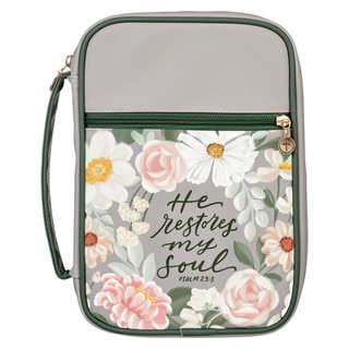 He Restores My Soul Gray Faux Leather Fashion Bible Cover - Psalm 23:3
