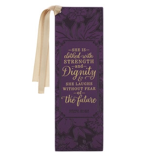 Strength and Dignity Purple Rose Faux Leather Bookmark' - Proverbs 31:25