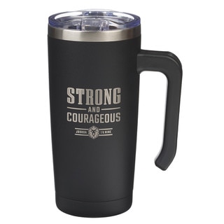 Strong and Courageous Black Stainless Steel Travel Mug with Handle - Joshua 1:9